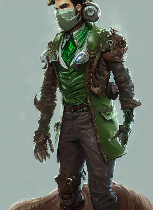 Image similar to a highly detailed illustration of thick wavy brown haired young white guy wearing brown detective trench coat and wearing green face mask, with many mechanical arms on his back, dramatic hands in pocket standing pose, intricate, elegant, highly detailed, centered, digital painting, artstation, concept art, smooth, sharp focus, league of legends concept art, WLOP