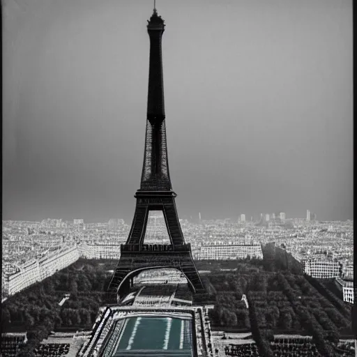 Image similar to extensive smoke rising from the top of the eiffel tower, aerial view, several police cars and crowds running across the ground, polaroid, 6 0's, hyperrealism, no blur, 4 k resolution, ultra detailed