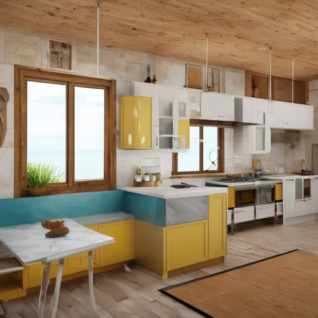 Prompt: kitchen interior in a wooden a frame cabin, yellow cabinets and white walls, vintage fridge, large window in back with ocean scenery, marble countertops, leather couch, realistic, unreal engine render, octane render, hyper realistic, photo, 8 k