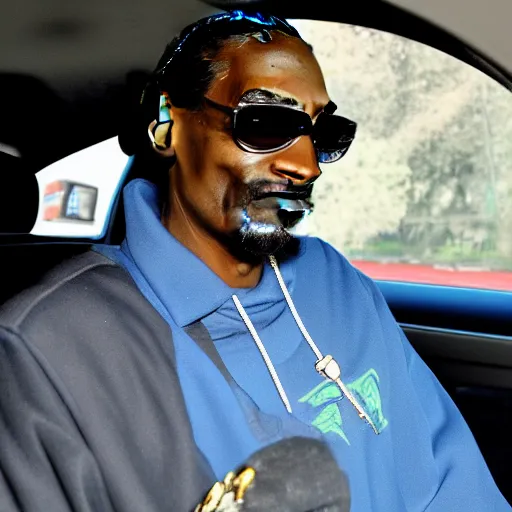 Image similar to Snoop Dogg is sitting in a police car wearing a cap C-11