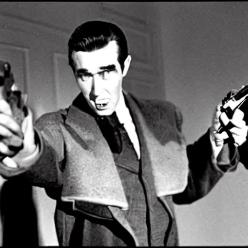 Image similar to scene from the horror picture show with james stewart!!!! james stewart!!!! is acting surprised and holds a revolver