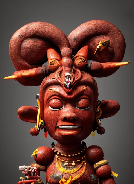 Image similar to an octane render of apagan ritualistic figurine, made of painted wood, voodoo statuette of a demon, volumetric lighting, beautiful design, hd render,