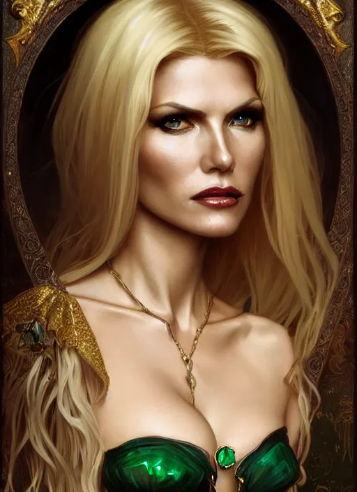 Image similar to portrait of victoria silvstedt as a sultry vampire lady, jewelry, greek, emerald, intricate, headshot, highly detailed, digital painting, artstation, concept art, sharp focus, cinematic lighting, illustration, art by artgerm and greg rutkowski, alphonse mucha, cgsociety