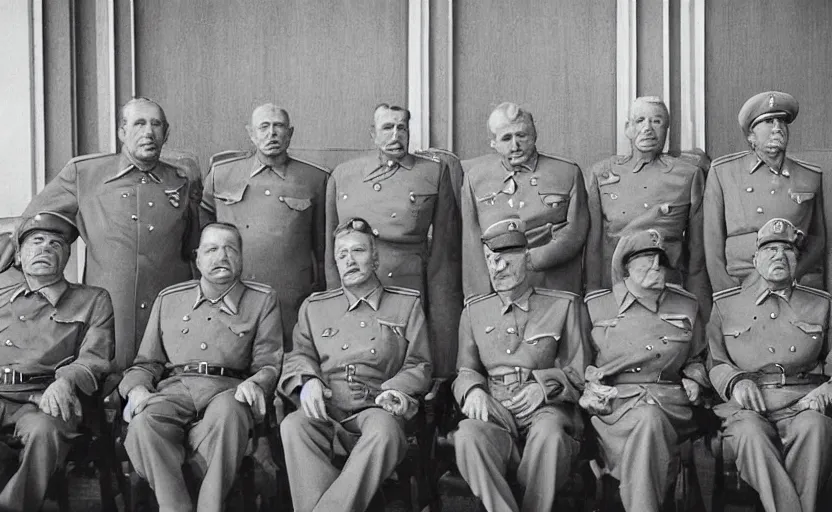 Image similar to 50s movie still of very diverse soviet generals head with very detailed faces in a stalinist parlement, by Alexei Guerman, Cinestill 800t 35mm black and white, heavy grainy picture, very detailed, high quality, 4k, HD criterion, precise texture, diverse faces, diverse haircuts, diverse ages