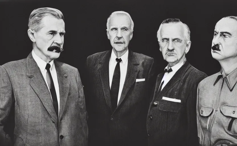Image similar to 50s movie still close-up portrait of three individual elder soviet marshal with very diverses faces in a stalinist style hall, by Irving Penn, Cinestill 800t 50mm black and white, heavy grainy picture, very detailed, high quality, 4k, HD criterion, precise texture, facial precision, diverse haircuts, diverse ages, each faces precisely define