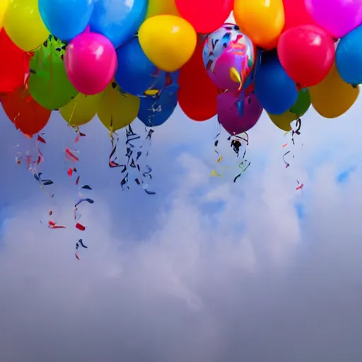 Prompt: a lot of birthday balloons with smiley faces floating in the clouds