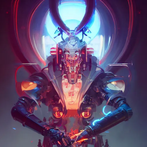 Image similar to a portrait of a cybernetic demonic samurai, cyberpunk concept art by pete mohrbacher and guweiz and wlop and artgerm and josan gonzalez and syd mead, digital art, highly detailed, intricate, sci - fi, sharp focus, trending on artstation hq, deviantart, unreal engine 5, 4 k uhd image