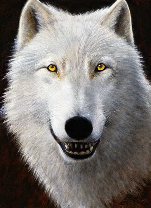 Image similar to a realistic white wolf head seen from the side, fantasy art, art by collin bogle