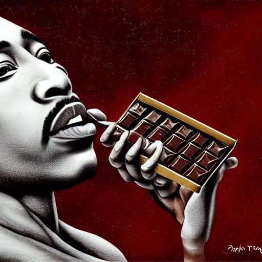 Prompt: tupac eating chocolate bar in the moonlight at night, digital art