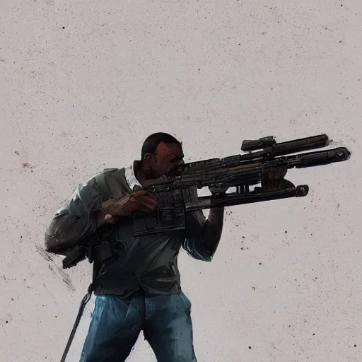 Prompt: franklin from gta v holding a huge machine gun by greg rutkowski