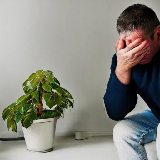 Image similar to a man sobbing over his dying potted plant