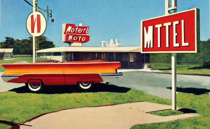 Image similar to 1 9 6 0 s americana painting of a motel and motel sign with a car parked outside by norman rockwell, relaxed mood