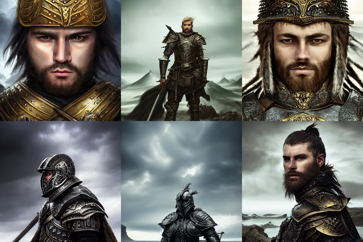 Prompt: stunning portrait of a noble warrior. He wears polished, ornate armour. The setting is a black Icelandic beach. A storm is on the horizon. Epic fantasy art. Award-winning on Artstation. Sharp. HD. 4K. 8K