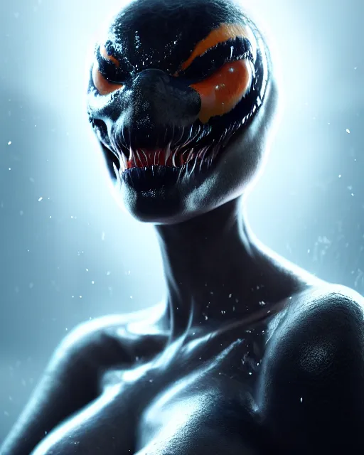 Image similar to Beautiful art portrait of a venom symbiont girl, atmospheric lighting, intricate detail, cgsociety, hyperrealistic, octane render, RPG portrait, ambient light, dynamic lighting