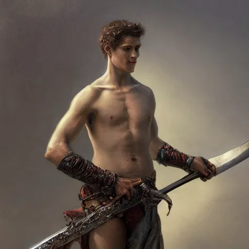 Image similar to artstation concept of a Young man with a bare upper body holding a sword in both hand, silver, shiny colorful, hyperdetailed, artstation trending, world renowned artists, worth1000.com, historic artworks society, antique renewel, cgsociety, by greg rutkowski, by Gustave Dore, Deviantart