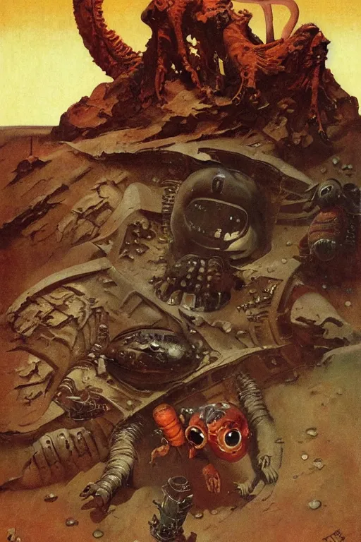 Image similar to 5 0 s pulp scifi fantasy illustration monster on mars, by norman rockwell, roberto ferri, daniel gerhartz, edd cartier, jack kirby, howard v brown, ruan jia, tom lovell, frank r paul, jacob collins, dean cornwell, astounding stories, amazing, fantasy, other worlds