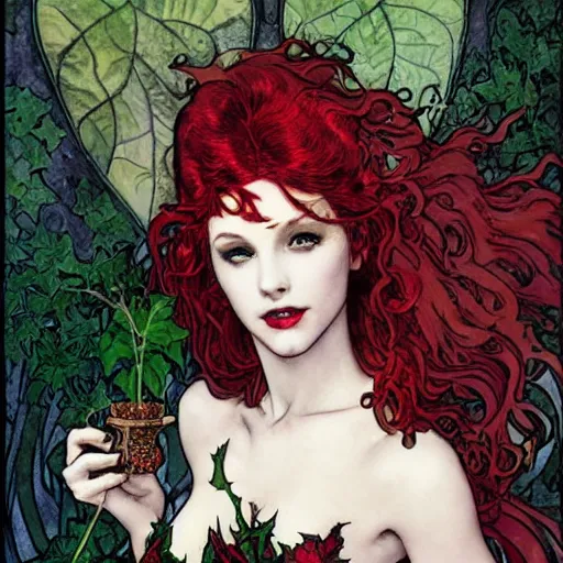 Prompt: a beautiful painting of poison ivy dressed as a teenage vampire, leather armored, dark eyeliner, intricate, elegant, highly detailed, digital painting, artstation, concept art, matte, sharp focus, illustration, art byby rebecca guay and by arthur rackham and by alphonse mucha and by john william waterhouse, comic book style!!