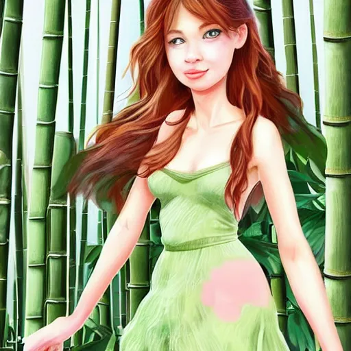 Image similar to A young beautiful giantess with a pretty face,she has green eyes, a cute nose and pink lips,she is wearing a sundress and a face mask, she is walking in a bamboo forest ,detailed body and eyes,proper anatomy, beautiful lighting,,digital art , highly detailed , high contrast, beautiful lighting, award winning , trending on art station, 8k, photo realistic,unreal engine 5