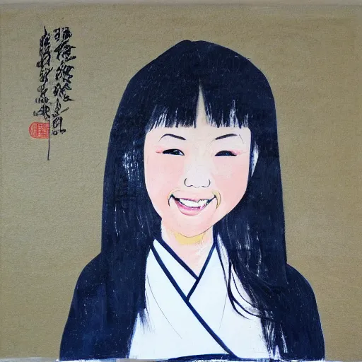 Image similar to a painting of Japanese schoolgirl, clothed, mixed media