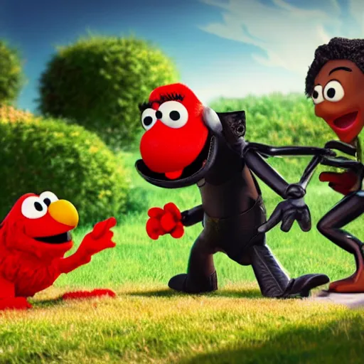 Prompt: stunning, coherent, impressive, detailed still of black a family beating up (elmo) in a fantasy dream world park, follow shot, 3d, in the style of pixar, comic book style, 3d, highly detailed, sharp focus, bokeh, depth of field, 16k resolution, Unreal Engine 5, coherent, cinematic lighting, photorealistic, by Zhang Jingna