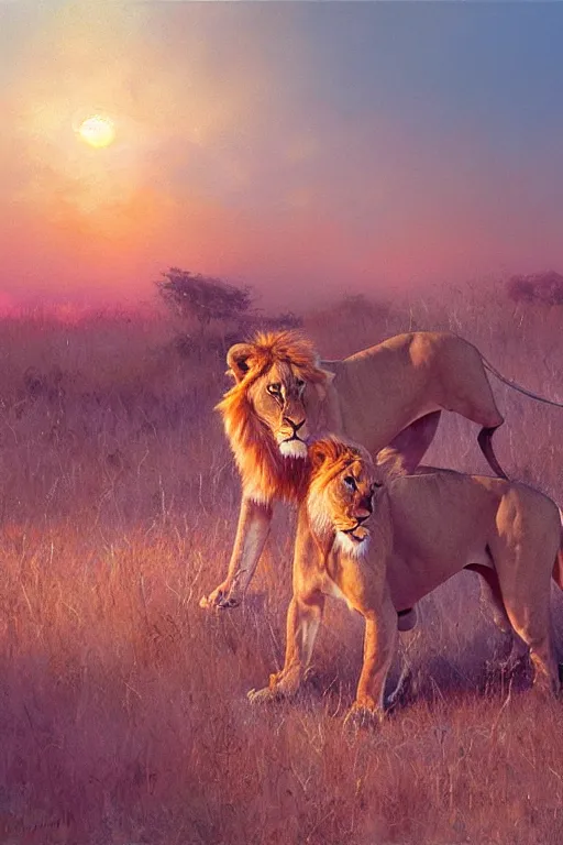 Prompt: spiritual twin flame lioness hunting art, pink sunset hue, highly detailed, oil painting hue, by craig mullins