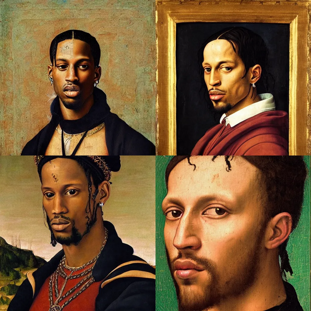 Prompt: A Renaissance portrait painting of Travis Scott