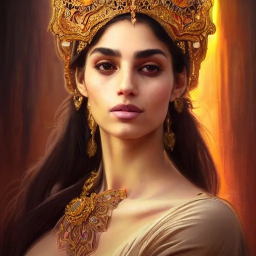 Prompt: Beautiful portrait of a Persian Princess who is an architect, beautiful princess, face painting, beautiful body, attractive, babe, dramatic lighting, intricate, wild, highly detailed, digital painting, artstation, concept art, smooth, sharp focus, illustration, art by artgerm and greg rutkowski and alphonse mucha, footage from space camera