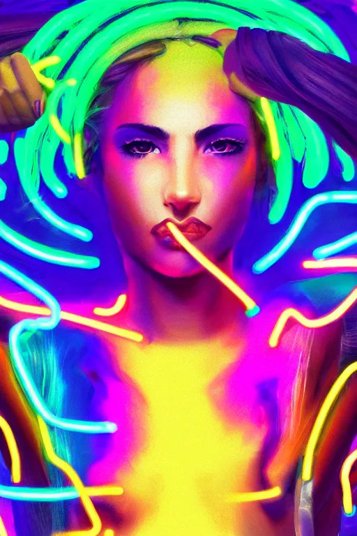 Image similar to a award winning half body portrait of a beautiful woman with stunning eyes in a croptop and cargo pants with hair made from rainbow colored smoke, outlined by whirling illuminated neon lines, outrun, vaporware, shaded flat illustration, digital art, trending on artstation, highly detailed, fine detail, intricate