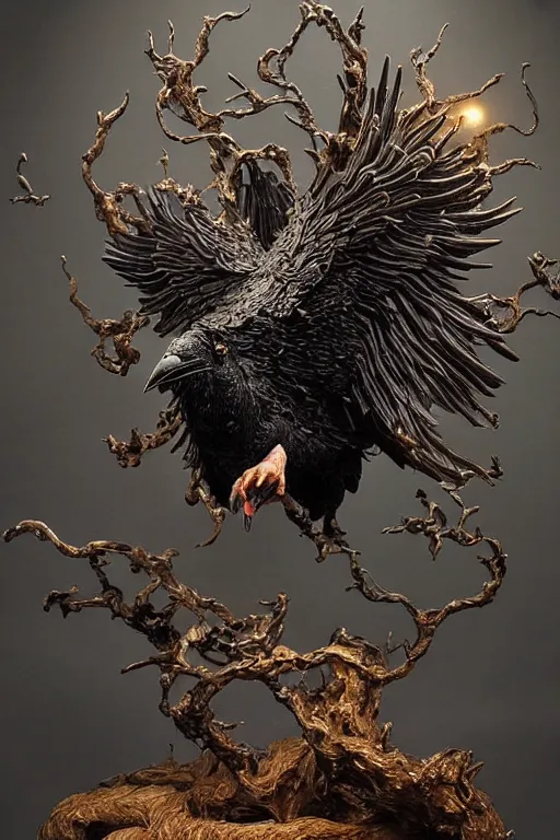 Image similar to Intricate stunning highly detailed raven by agostino arrivabene and Vladimir Kush, surreal metal sculpture, ultra realistic, Horror, dramatic lighting, full moon, blood moon, thick black swirling smoke tornado, burning fire embers