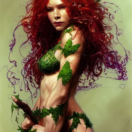 Prompt: poison ivy, fantasy character portrait, ultra realistic, concept art, intricate details, highly detailed, wide angle, by andrew robinson, gaston bussiere, craig mullins, simon bisley