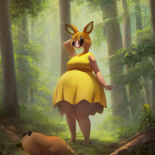 Prompt: concept art painting of an anthropomorphic chubby doe wearing yellow dress, in the deep forest, realistic, detailed, cel shaded, in the style of makoto shinkai and greg rutkowski and james gurney