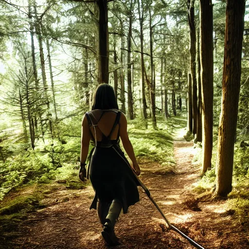 Image similar to Woman cuts timeline with sword in foreground, cinematic shot from back view, camera following a woman on a path through a forest, blackhole, 4K