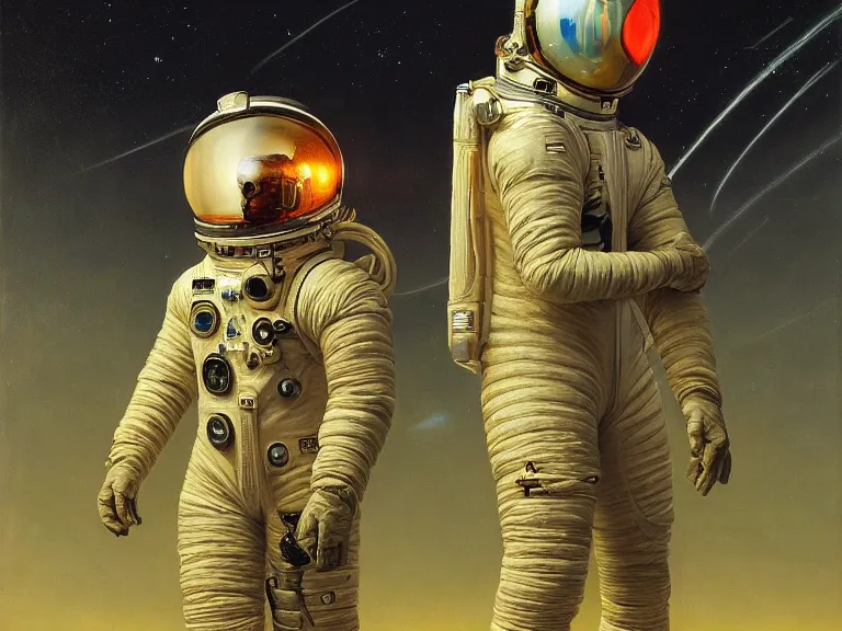 Image similar to a detailed profile oil painting of pilot in a spacesuit with reflective visor, flight suit, portrait symmetrical and science fiction theme with aurora lighting by beksinski carl spitzweg and tuomas korpi. baroque elements, full-length view. baroque element. intricate artwork by caravaggio. Trending on artstation. 8k