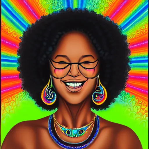 Image similar to an adult black woman, light skin, colorful ornate earrings, curly 3 c black hair, smile on her face, brown eyes, holding her small black bombay cat in the style of alex grey, trending on art station 8 k