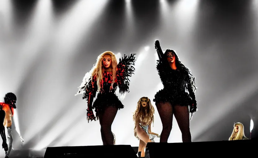 Prompt: IMG_975.raw, lady gaga and beyonce perform together on stage at a concert ,beautiful composition, alexander mcqueen, colourful , 50mm f1.8, ambient light