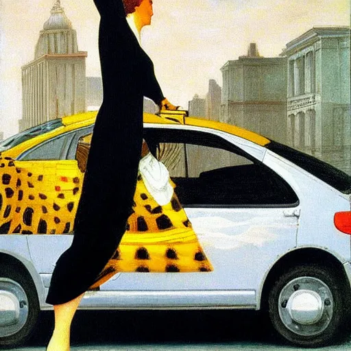 Image similar to a woman hails a taxi by Raphael, Hopper, and Rene Magritte. detailed, romantic, enchanting, trending on artstation.