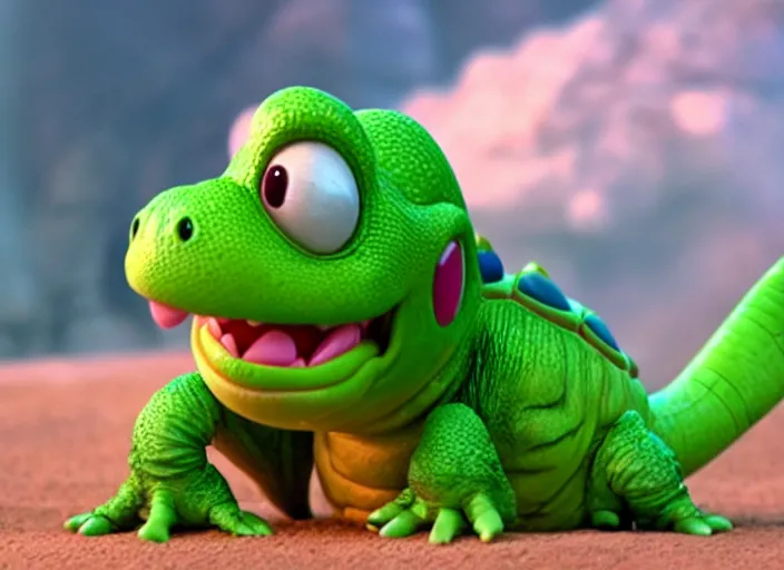 Image similar to film still of yoshi in the new sci - fi movie, cute upright dinosaur with a small turtle shell and long tongue, 8 k