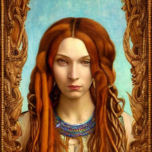 Image similar to artstation, intricate details, portrait by sandro botticelli, gaston bussiere, h. r. giger, inanna ashteroth, egyptian facial features, brown caramel skin, thick beautiful eyebrows, techno mystic, intergalactica, hazel green eyes, with bright neon aqua rapunzel dreadlocks, full body portrait, haute couture, alchemy, futurisma