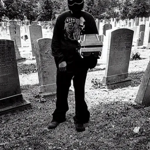 Image similar to MF DOOM wearing MF DOOM mask standing in a graveyard with a dug up coffin