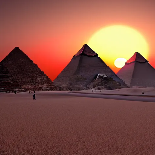 Image similar to the great pyramids during a summer sunset, unreal engine