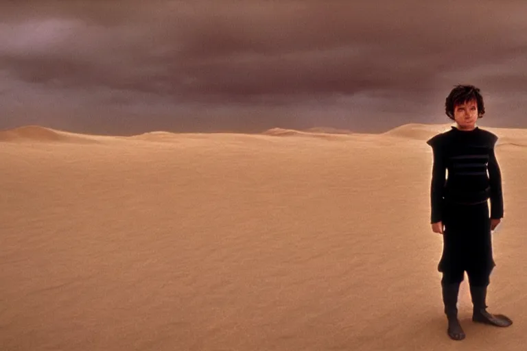 Image similar to a cinematic wide angle shot of a boy in the movie dune, in a serene vast desert, stormy weather, dry, film still, cinematic, movie still, dramatic lighting, by annie leibovitz