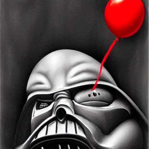 Image similar to surrealism grunge cartoon portrait sketch of darth vader with a wide smile and a red balloon by - michael karcz, loony toons style, chucky style, horror theme, detailed, elegant, intricate