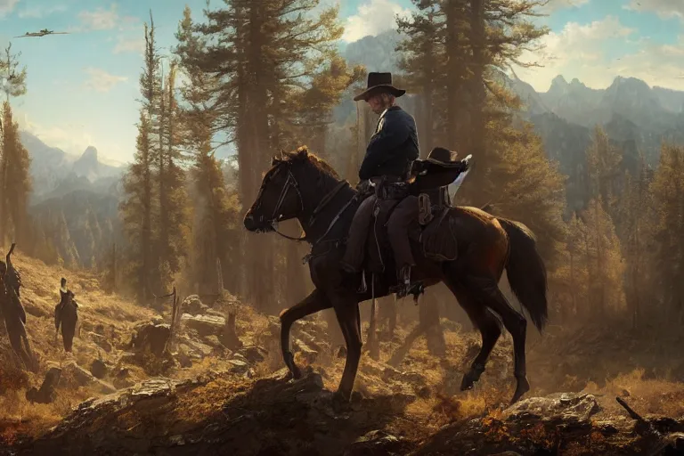 Prompt: an ultradetailed image of dean winchester as an old west gunfighter shooting at a charging wendigo, ultrawide lens, aerial photography, masterpiece, 8 k, art by greg rutkowski and albert bierstadt