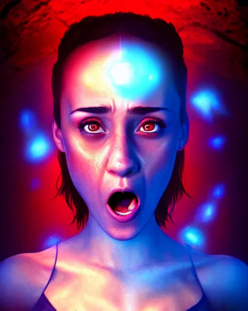 Prompt: beautiful Stella Maeve screaming in a red cave, blue lighting deep in the cave, symmetrical face symmetrical eyes, red hair, portrait, Charlie Bowater character art, no long neck, cinematic lighting