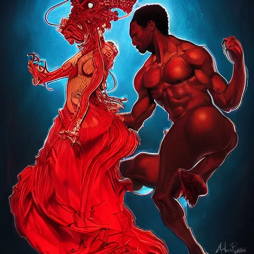 Image similar to a photograpic portrait of a black man dancing with a female devil wearing red clothes, fantasy, intricate, elegant, highly detailed, digital painting, artstation, concept art, smooth, sharp focus, illustration, art by artgerm and H R Giger and alphonse mucha