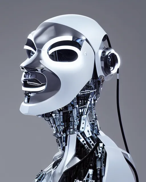 Prompt: profile side photo of sensual dancer as a cyberpunk mecha humanoid robotic head shoulder parts with straight bright led lights, inside white room, ultra - realistic and detailed, 8 k