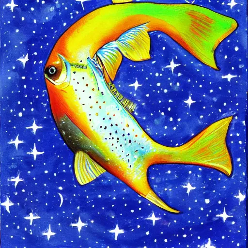 Image similar to a painting of a trout swimming in outer space, naushadarts