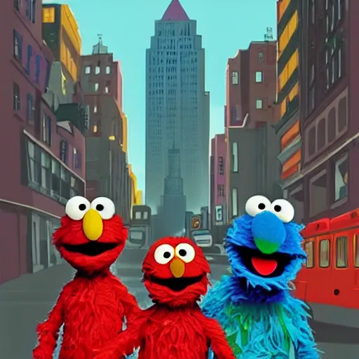 Image similar to Elmo and the sesame street gang on the streets of NYC, rap album art cover, artstation, trending