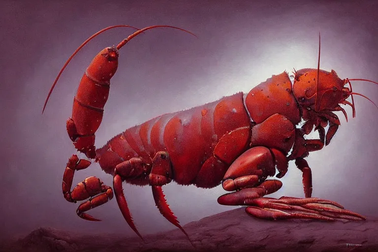 Image similar to painting of hybrid between cat & lobster, intercrossed animal, mixture animal, by tiffany bozic, by zdzislaw beksinski, logical anatomy, cold hue's, warm tone gradient background, concept art, beautiful composition, digital painting,