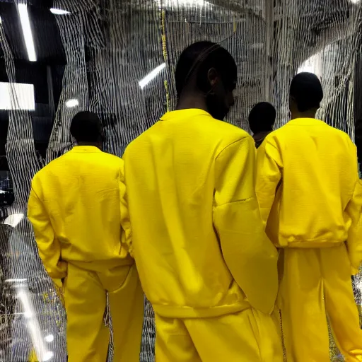 Image similar to love, diverse yellow cybersuits, from behind, connection rituals, wide wide angle, vivid, elaborate, highly detailed, beautiful lighting